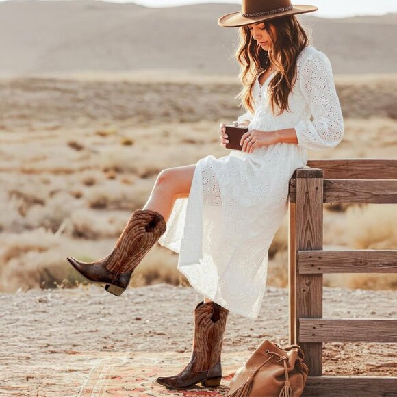 Women's Cowgirl Boots Cowboy Vintage Embroidered Brown Western Boots Snip Toe - Picture 6 of 9